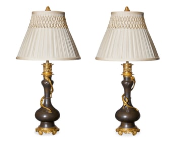 A pair of Chinese gilt-metal-mounted bronze table lamps