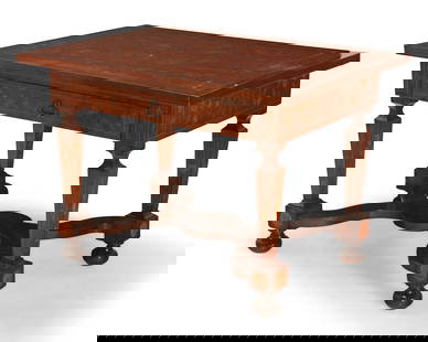 A Dutch floral marquetry table: A Dutch floral marquetry table19th centuryThe William and Mary-style form veneered with floral motifs, the rectangular top above a single frieze drawer, the interior with later moire lining, raised on