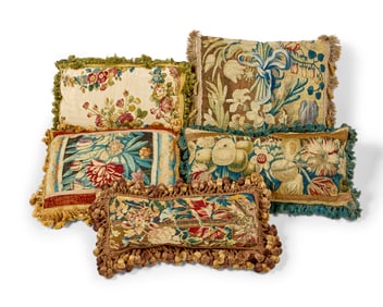 Five tapestry upholstered pillows