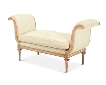 A Nancy Corzine upholstered painted wood 'Moliere' bench