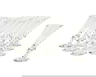 A set of ten Steuben glass flared and footed goblets: A set of ten Steuben glass flared and footed gobletsLate 20th centuryEach etched: SteubenEach with small teardrops to the bottom of the stems10 piecesEach: 7" H Provenance:From the Collection of