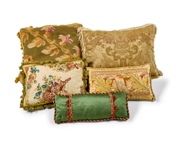 Five tapestry upholstered pillows