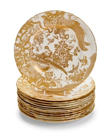 A set of twelve Royal Crown Derby porcelain 'Gold Aves' dinner plates
