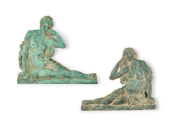 A near-pair of Continental repousse copper figural panels