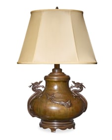 A Japanese bronze vase mounted as a lamp
