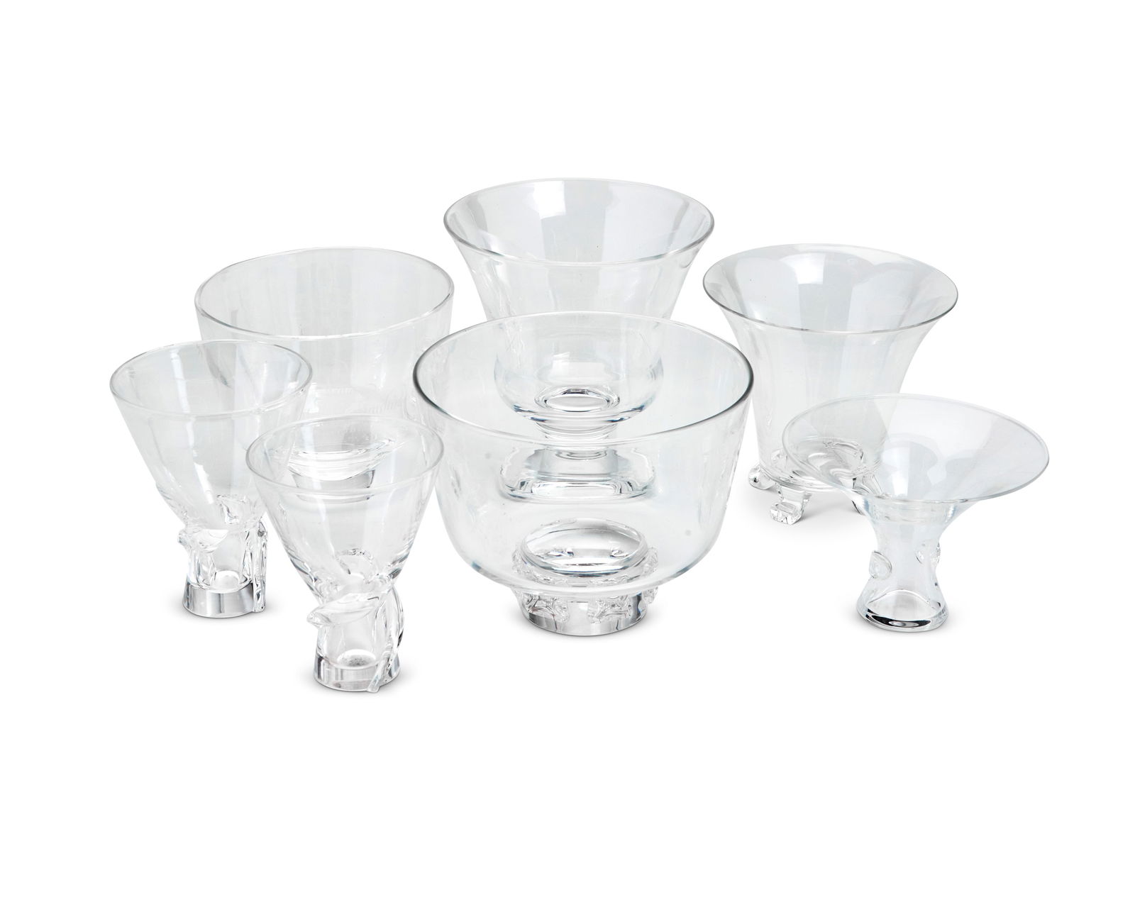 A group of Steuben glass bowls and vases: A group of Steuben glass bowls and vases20th centuryEach with etched Steuben script mark; two personalized with inscriptionsComprising a footed bowl, a footed bowl with applied prunts to the foot, a f
