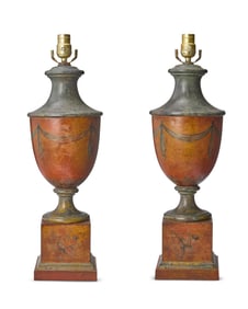A pair of Neoclassical-style polychromed tole table lamps