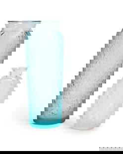 Two Lalique glass vases: Two Lalique glass vasesLate 20th centuryEach etched: Lalique trademarked France [post-1978]Comprising a pale blue frosted glass 'Bougainvillea' vase (6.875" H x 2.5" Dia.) and a clear and frosted glas