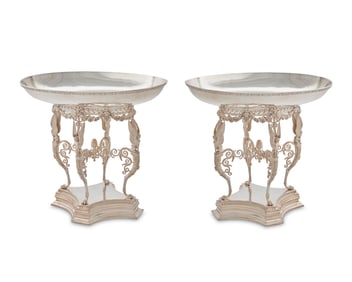 A pair of large English Etruscan-style silver-plated centerpieces