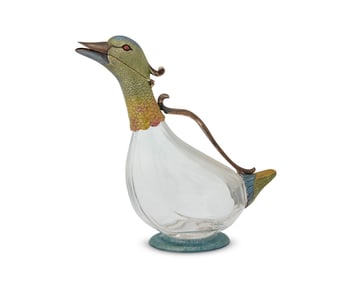 An Italian sterling silver-mounted glass duck-form decanter