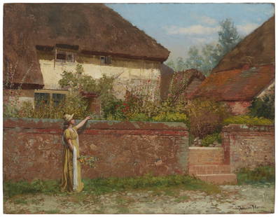 Theodore Wores (1859-1939), "Hollyhock garden": Theodore Wores(1859-1939)"Hollyhock garden"Oil on panelSigned lower right: Theodore Wores; titled by repute14" H x 18" W Provenance:Sold: John Moran Auctioneers, Pasadena, CA, February 20,