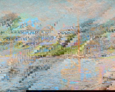 Colin Campbell Cooper (1856-1937), "Edgartown Harbor - Edgartown, MA," 1915: Colin Campbell Cooper(1856-1937)"Edgartown Harbor - Edgartown, MA," 1915Oil on canvas laid to boardSigned and dated lower left: Colin Campbell Cooper 1915; titled on the frame plaque; alternatively ti