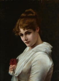 Alfred Seifert (1850-1901), Portrait of a beauty in white with roses