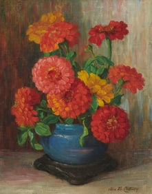 Alice Brown Chittenden (1859-1944), "Bouquet of Zinnias" (Still life with zinnias in a blue pot)