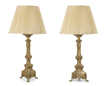 A pair of Continental brass candlestick lamps