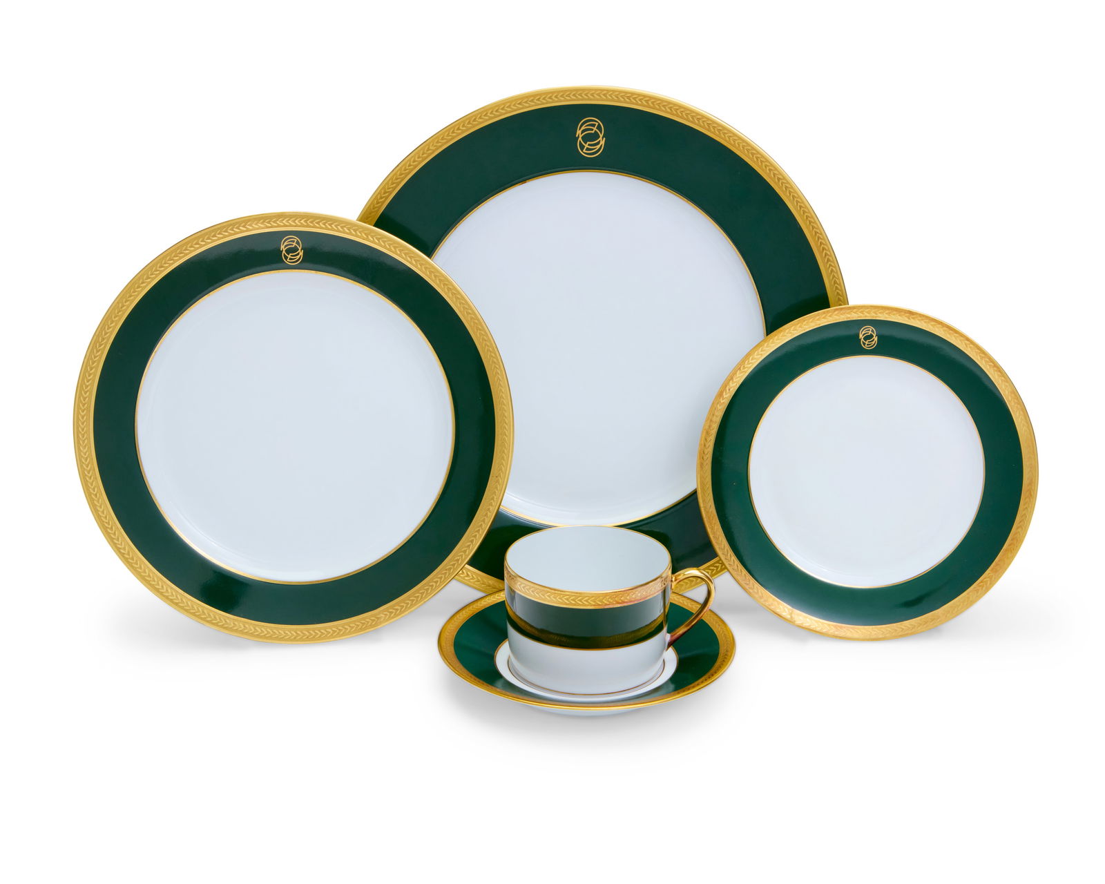 A Bernardaud Limoges porcelain part dinner service: A Bernardaud Limoges porcelain part dinner serviceLate 20th centuryEach with gilt-printed factory marks and bearing the Coalinga logoEach with gilt-decorated green borders, comprising twenty-nine 10.2