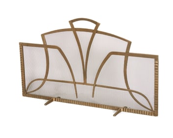 An Art Deco-style iron and mesh fireplace screen