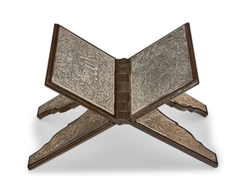 A silver-mounted wood folding Quran stand
