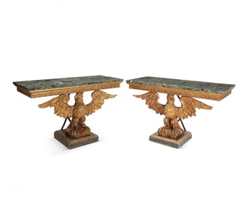 A pair of George II-style carved giltwood eagle console tables