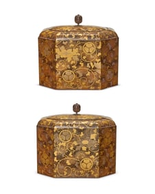 A pair of Japanese gold and brown lacquered wood storage boxes