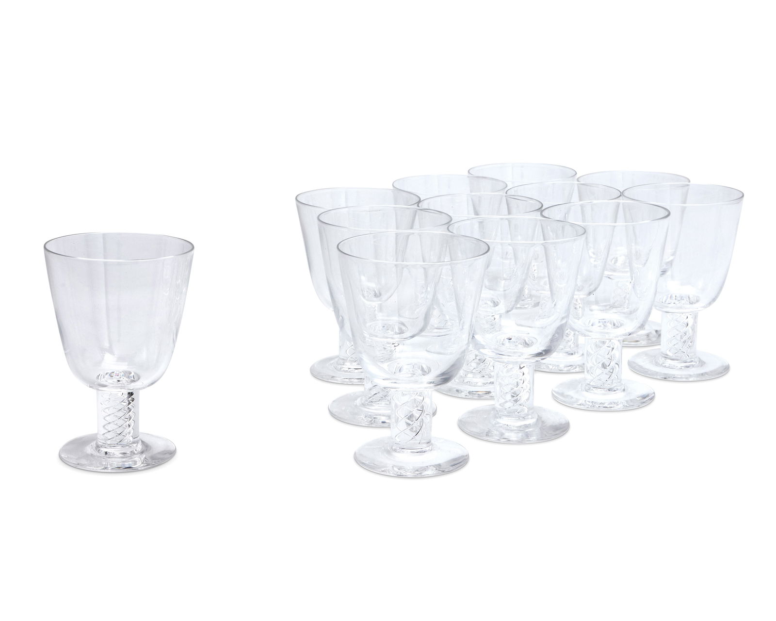 A set of twelve Steuben glass water goblets: A set of twelve Steuben glass water goblets20th centuryEtched: SteubenPattern 8011, the bowls supported by air twist stems12 piecesEach: 5.75" H Provenance:From the Collection of Robert A. Day
