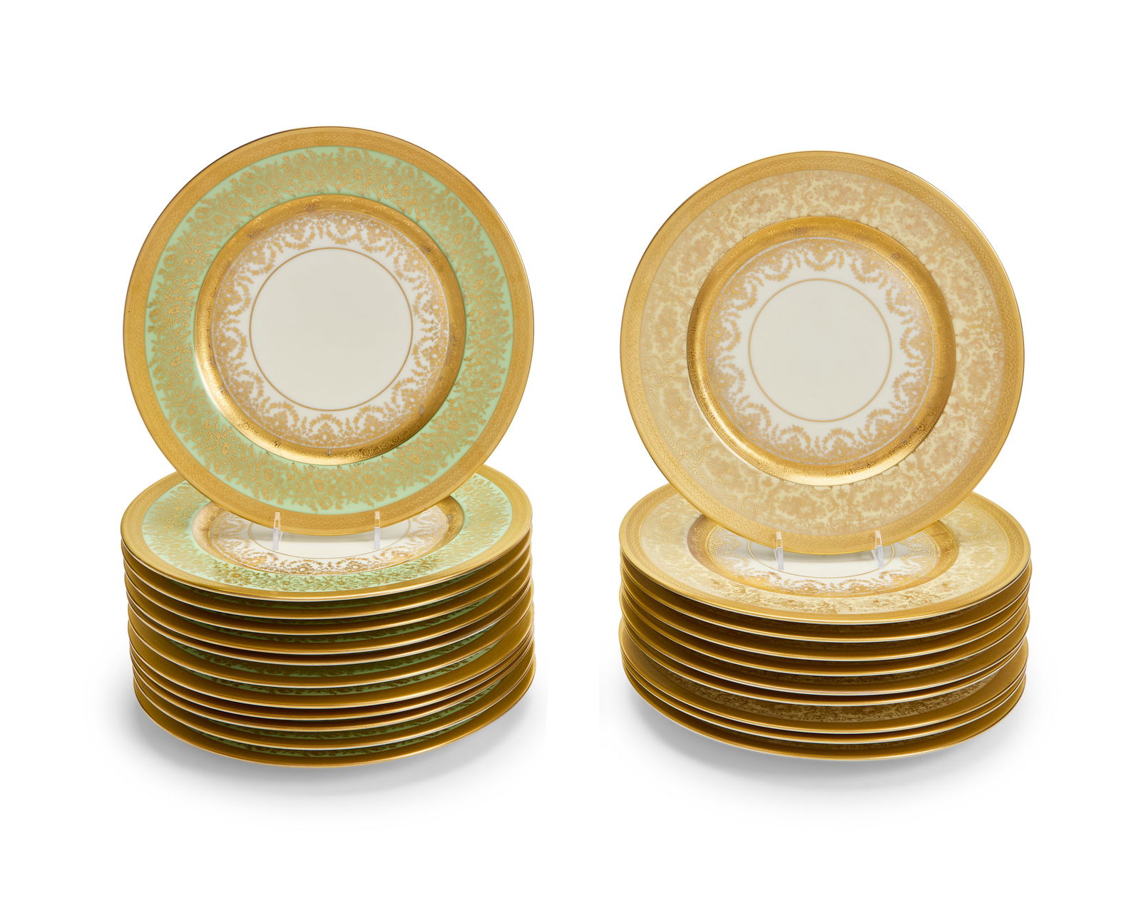 Two sets of Heinrich & Co. porcelain 'Edgerton' dinner plates: Two sets of Heinrich & Co. porcelain 'Edgerton' dinner plates20th centuryEach with green printed: H & Co. / Selb Bavaria / Heinrich & Co. / Edgerton; impressed: 6304Each with elaborate gilt decoration