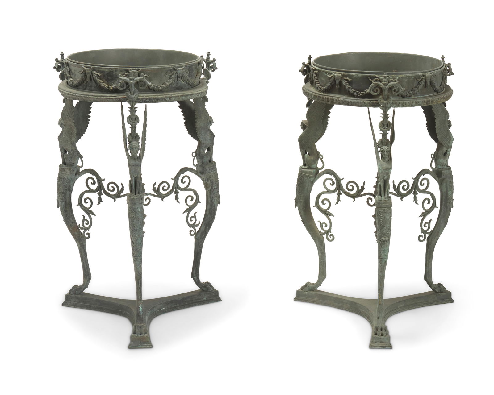 A pair of Italian Grand Tour-style patinated bronze jardiniere stands (1 of 9)