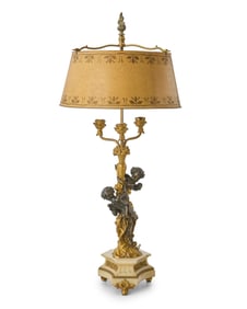 A Louis XVI-style parcel-gilt bronze figural three-light candelabra
