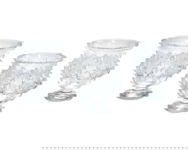 Three Lalique glass 'Dampierre' footed vases: Three Lalique glass 'Dampierre' footed vasesLate 20th/early 21st centuryEach etched: Lalique trademarked France [post-1978]Designed 1948 by Marc Lalique (1900-1977), each clear and frosted glass vase