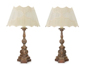 A pair of Italian Baroque wood candlestick lamps