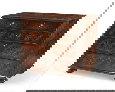 A William & Mary marquetry-inlaid oyster veneered chest: A William & Mary marquetry-inlaid oyster veneered chestLate 17th century with later elementsFitted with two short and three long inlaid floral and foliate drawers, with carved bone lock escutcheons, r