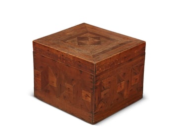A Continental parquetry oak and pine document box