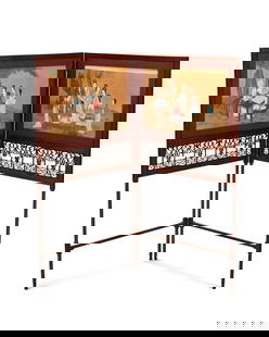 A George III mahogany two-panel fire-screen: A George III mahogany two-panel fire-screenCirca 1765In the manner of Thomas Chippendale (1718-1779), each panel with an inset Chinese painting on silk depicting women at leisure, over a pierced fret-