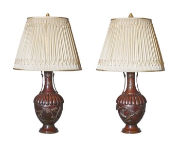 A pair of Japanese bronze lamps