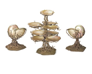 A Maitland-Smith silvered metal and shell table garniture