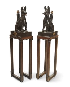 A pair of Japanese patinated bronze kitsune fox figures