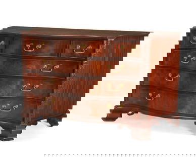 A Baker Furniture George III-style mahogany chest of drawers: A Baker Furniture George III-style mahogany chest of drawersLate 20th/early 21st centuryWith metal tag to drawer interior: Baker FurniturePossibly from the Stately Homes Collection, the serpentine cas