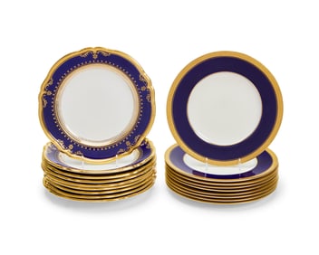 Two sets of English porcelain cobalt-rimmed dessert plates