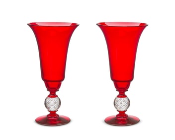 A pair of ruby and clear controlled bubble glass vases