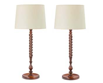 A pair of barley twist turned wood table lamps