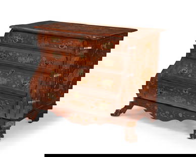 A Dutch marquetry bombe chest: A Dutch marquetry bombe chest19th centuryThe chest with four drawers, each interior with later moire lining and exterior fronts decorated with floral vinery, the sides with floral baskets, raised on f