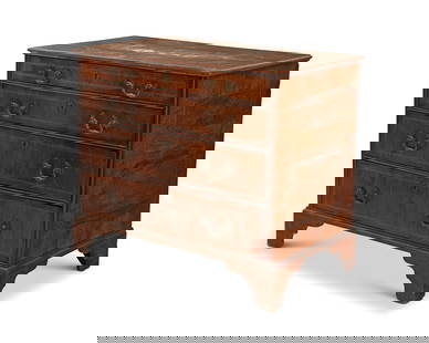 A George I inlaid walnut chest: A George I inlaid walnut chestEarly 18th centuryThe case with inlaid accents to top and sides, the four locking drawers with later replaced hardware featuring string inlay fronts, each drawer later li