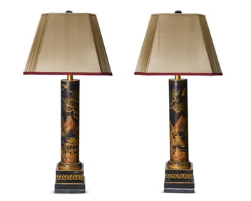 A pair of black and gilt japanned tole table lamps
