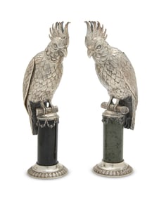 A pair of German silver figures of cockatoos