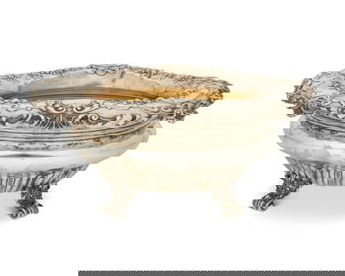 A Gorham sterling silver footed bowl: A Gorham sterling silver footed bowlEarly 20th centuryMarked for Gorham and for sterling; numbered: A1753With a gilt interior and repousse ribbon and pomegranate motifs to rim, raised on scrolled feet