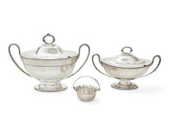 Two English silver-plated tureens and a handled bowl