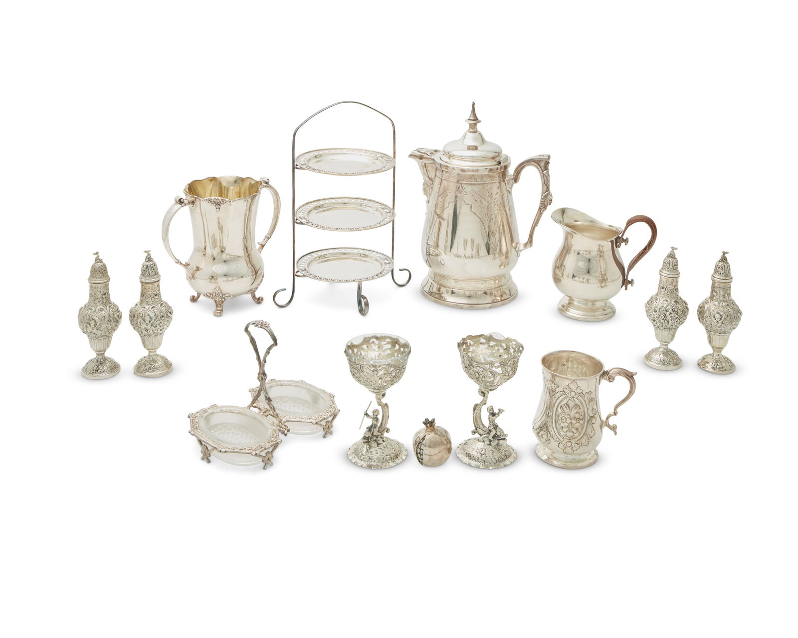 A group of silver-plated table items