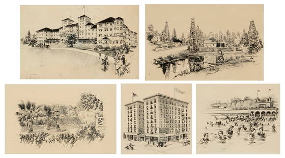 Carl N. Werntz (1874-1944): Carl N. Werntz (1874-1944)Five works:A Pasadena gardenInk on paperAppears unsignedSight: 10.5" H x 16.75" WThe Raymond Hotel, South PasadenaInk on paperSigned in ink at the center of