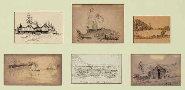 A group of six works on paper framed together, one by Jaren Otto (20th century) and five by John: A group of six works on paper framed together, one by Jaren Otto (20th century) and five by John Tinney McCutcheon (1870-1949)Six works:Jaren Otto (20th century)Mountain lodgeInk on paperSigned in ink