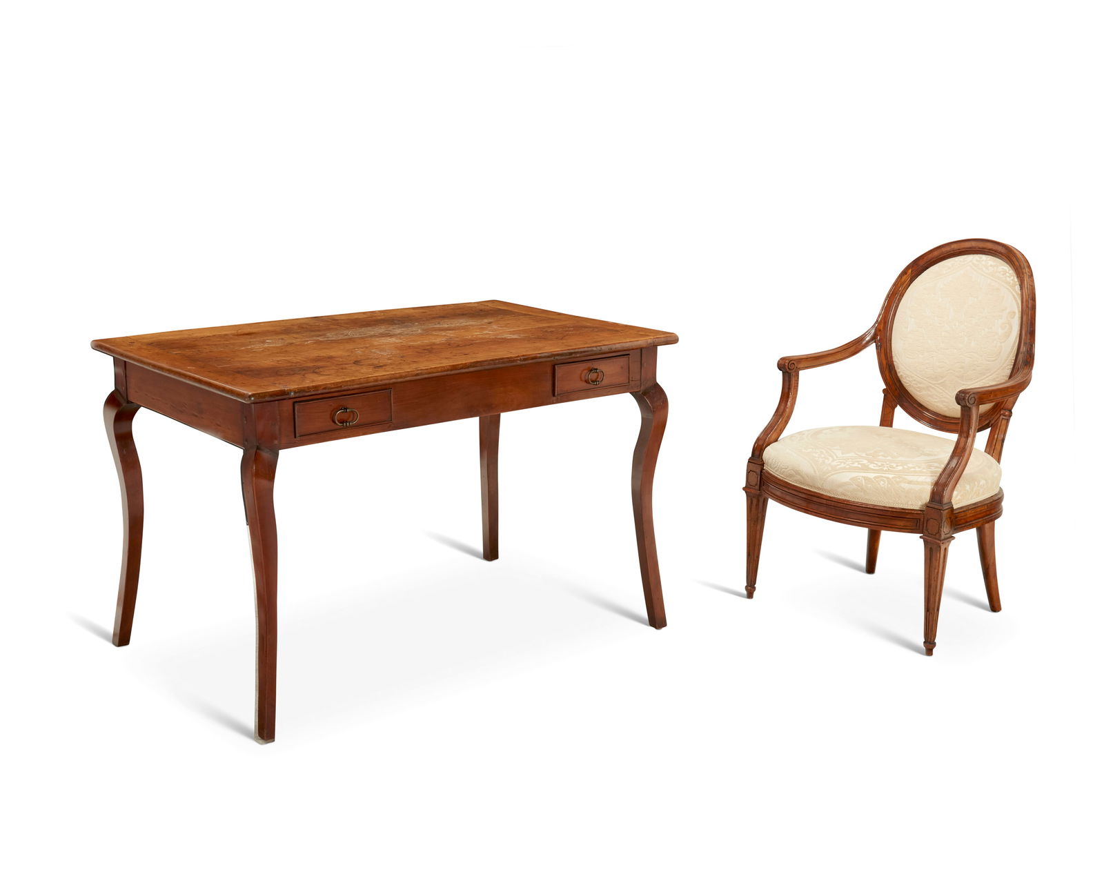 A Louis XVI-style walnut open armchair and fruitwood side table (1 of 9)
